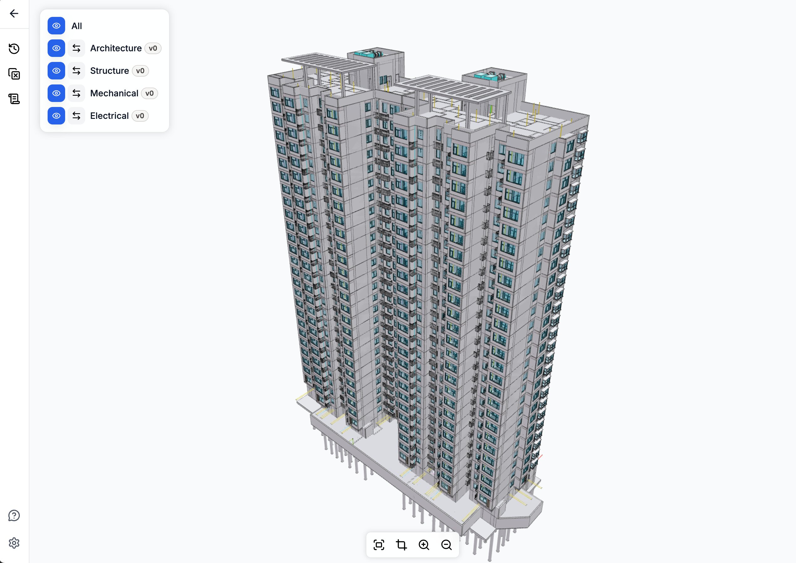 SiloLink viewer showing a 1-million-object federated high-rise BIM model with architecture loaded