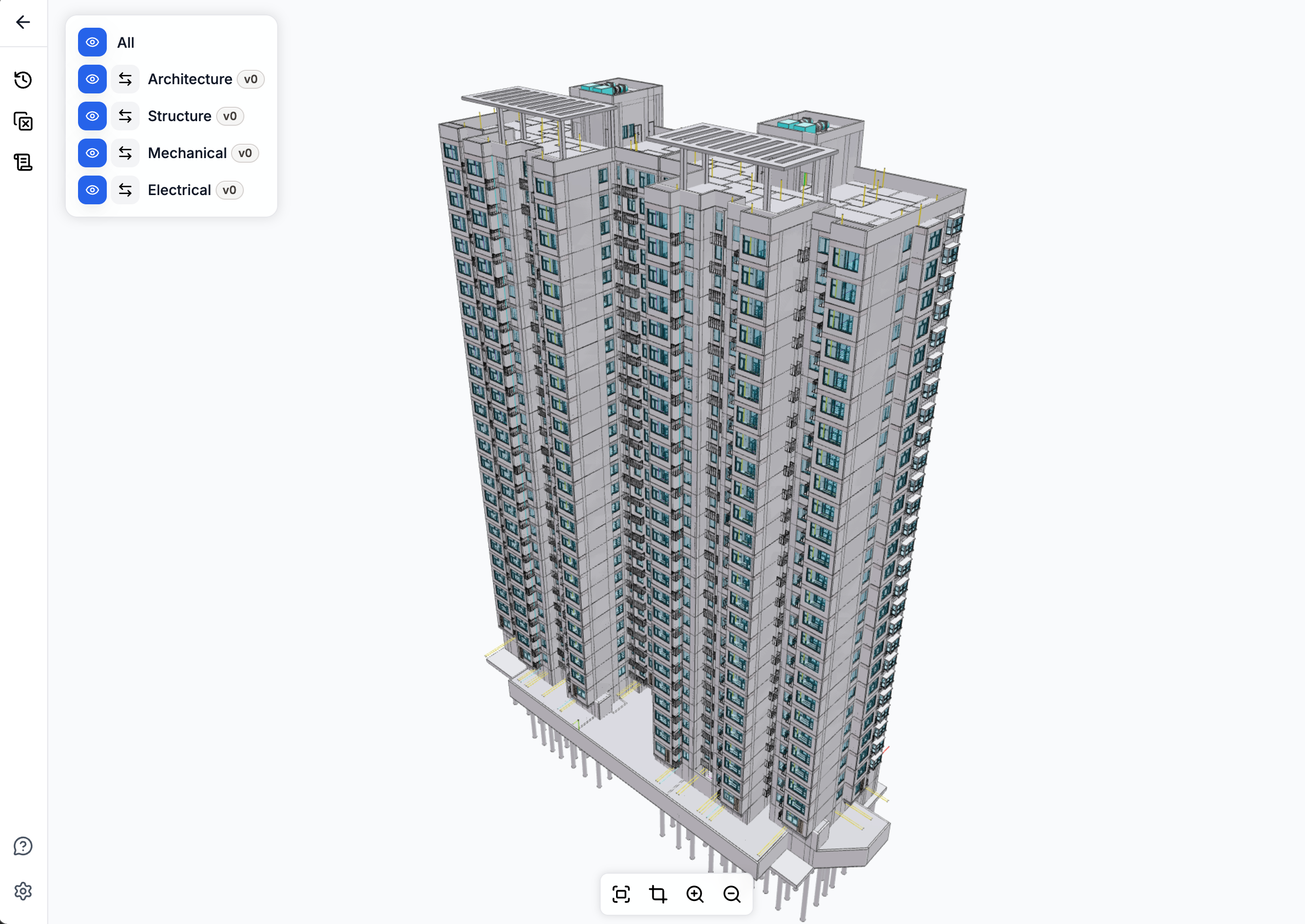 SiloLink viewer showing a 1-million-object federated high-rise BIM model with architecture loaded