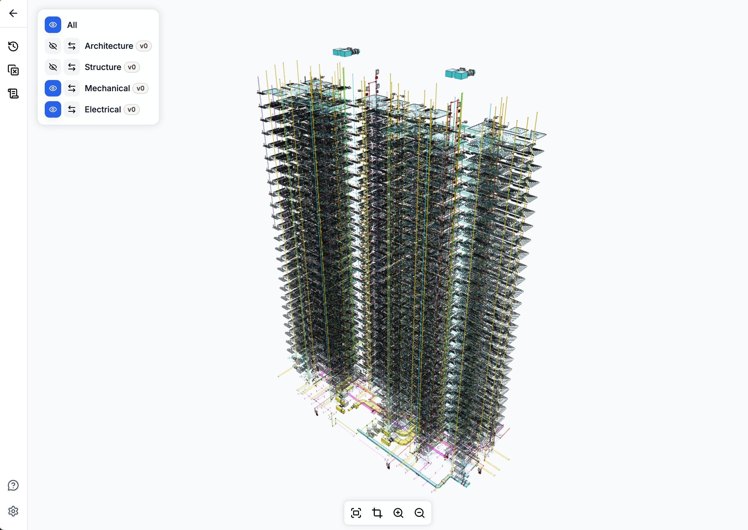 SiloLink viewer showing the same 1-million-object federated high-rise BIM model with dense mechanical and electrical systems visible